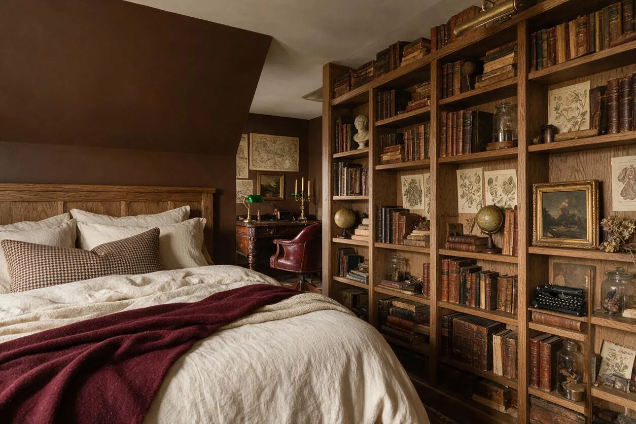 A dark academia master bedroom with a wooden bed frame, layered cream bedding, checkered accent pillows, and a burgundy throw blanket. Built-in wooden bookshelves line the wall, filled with old books, globes, framed art, and vintage objects, creating a warm, scholarly atmosphere.