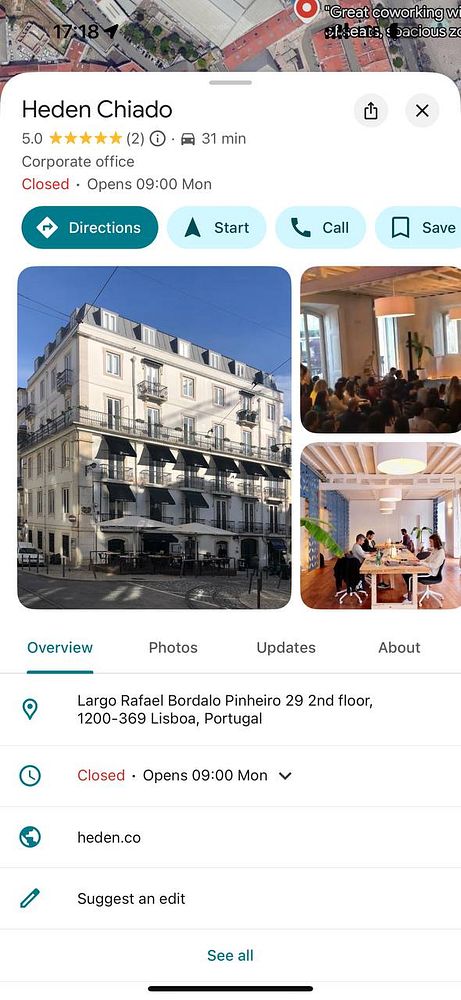 The image displays information about Heden Chiado, a coworking space in Lisbon, Portugal.