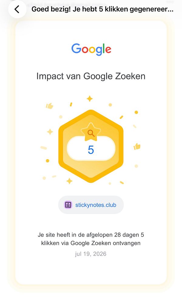 Yellow sticky notes with handwritten messages celebrate 5 clicks on Google in 28 days.