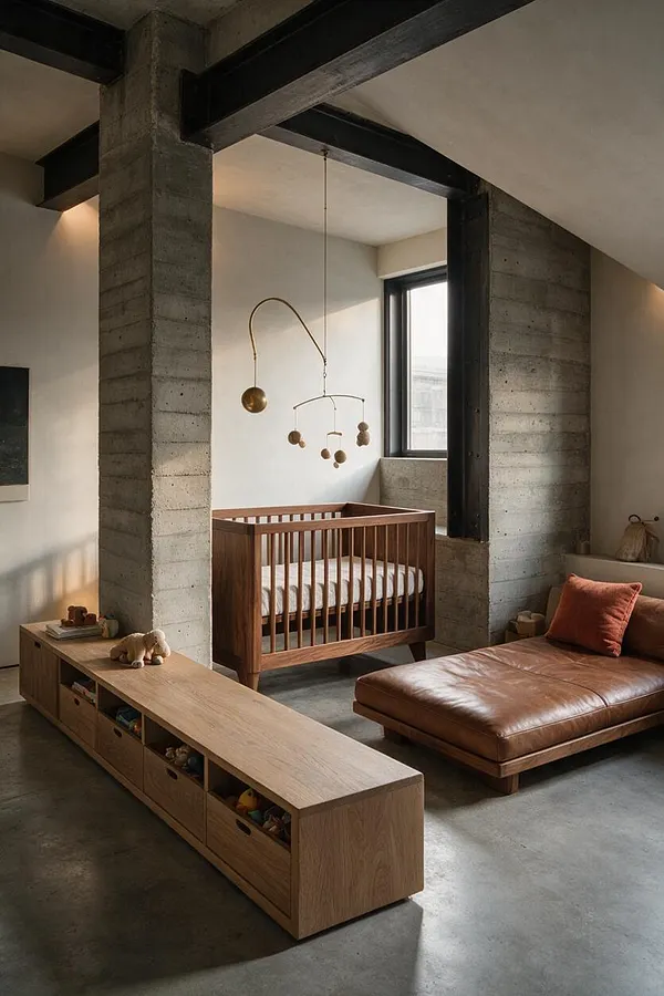 A minimalist nursery with exposed concrete walls and ceiling beams, a walnut crib, a low leather daybed, and a long oak storage bench. A delicate brass mobile hangs near a black-framed window, balancing the room’s raw Brutalist structure with warm natural materials.