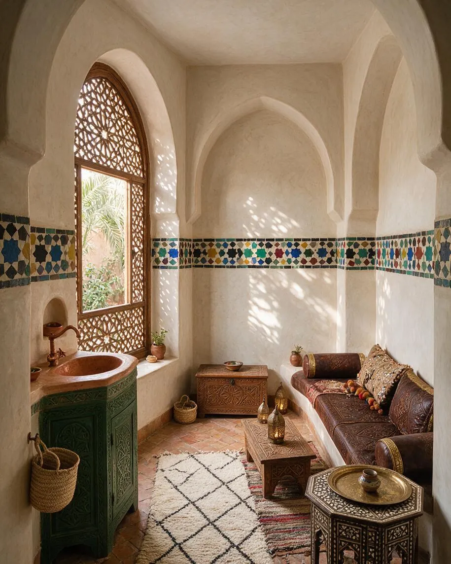 A Moroccan-style powder room with smooth plaster walls, pointed arches, and a tall carved wood window that filters sunlight into patterned shadows. The space includes a green carved vanity with a copper sink, a patterned tile border, a leather bench, woven baskets, low wooden tables, and layered rugs in warm earth tones.