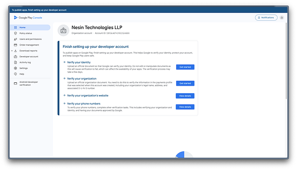 A mobile device screen showing the Google Play Console sign-up process to create a developer account.