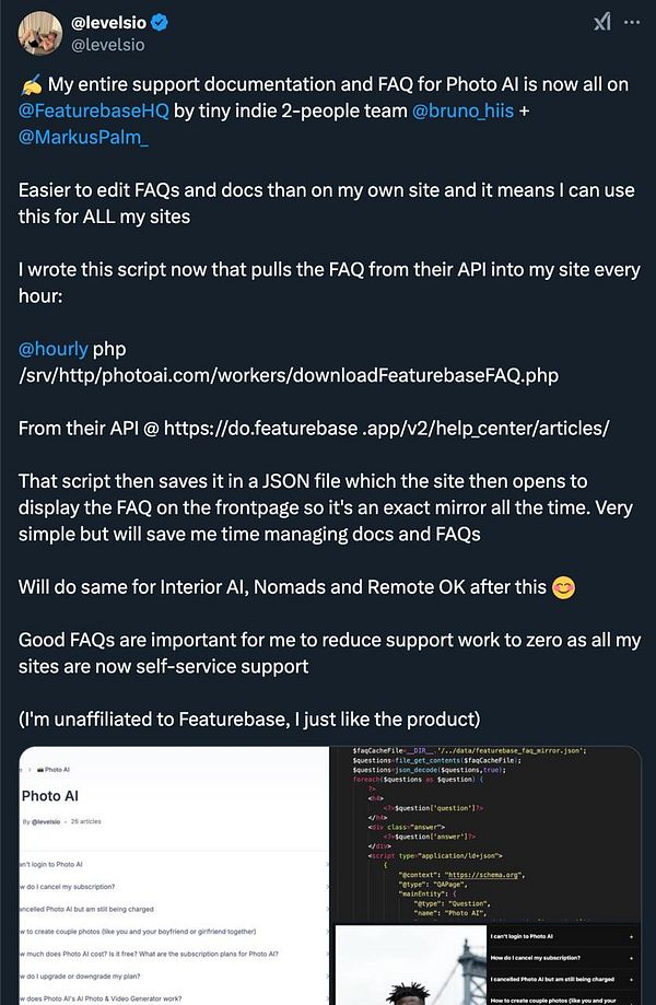 The image features a tweet discussing the integration of FAQs for Photo AI using Featurebase's API, along with a code snippet and a user interface layout.