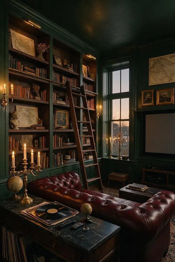 A dark academia media room with deep green paneled walls, built-in bookcases filled with old books and framed art, and a tall window bringing in soft sunset light. A burgundy leather sofa, brass candleholders, a wooden ladder, and a vintage-style projector screen create a rich, scholarly atmosphere.