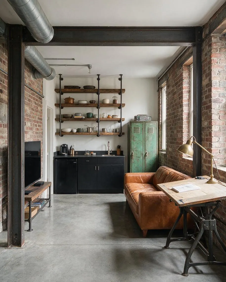 A compact industrial studio apartment with exposed brick walls, black steel beams, and visible ductwork overhead. The space includes open wood-and-pipe shelving, matte black cabinetry, a distressed green locker, a brown leather sofa, and a vintage worktable used as a desk beside tall windows.