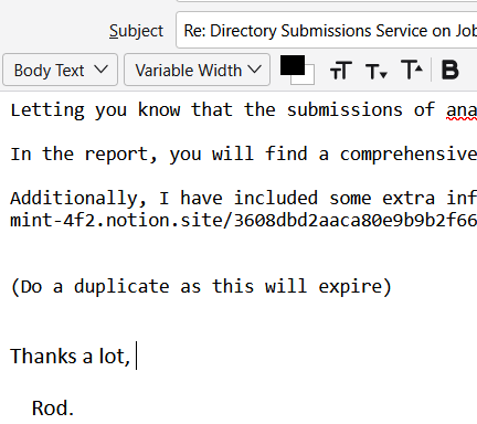 A report document titled 'Directory Submissions Report' listing multiple directory submission entries with columns for Name, URL, Date, Status, and Notes.