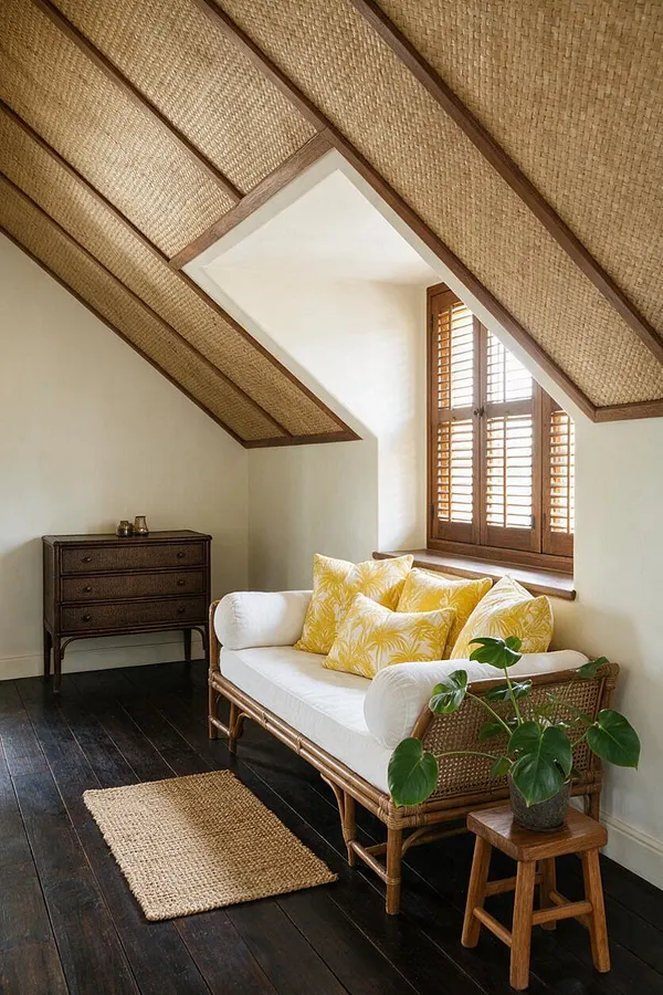 A tropical-style guest bedroom with a sloped ceiling finished in woven natural fiber panels and wood trim. The room includes a rattan daybed with white cushions and yellow patterned pillows, dark wood floors, a small woven rug, a wooden chest of drawers, and a potted green plant beside the bed.