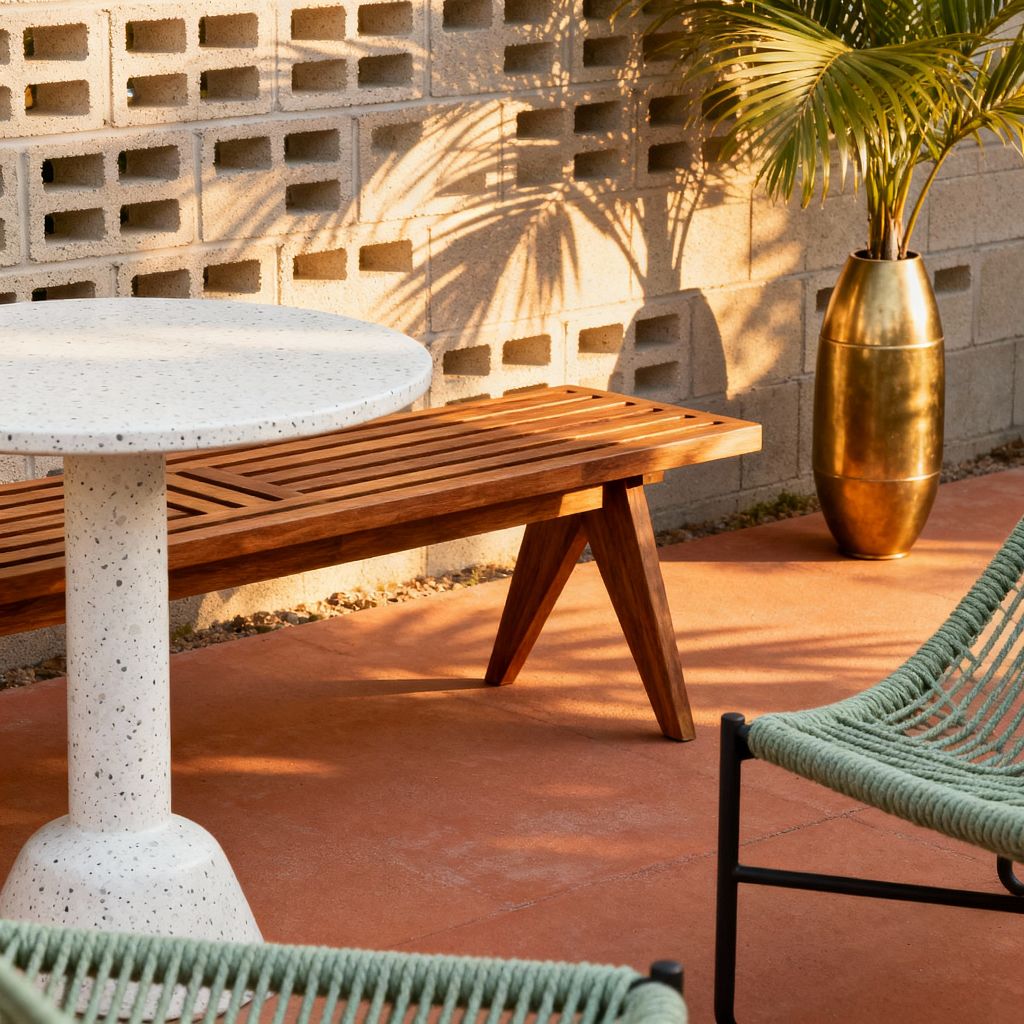 An outdoor patio features a round white speckled terrazzo pedestal table beside a slatted teak bench set in front of a concrete breeze-block wall. A sage green woven-rope chair with a black metal frame and a tall brushed brass planter holding a palm sit on terracotta-colored concrete, with warm afternoon light casting the palm’s shadows across the wall.