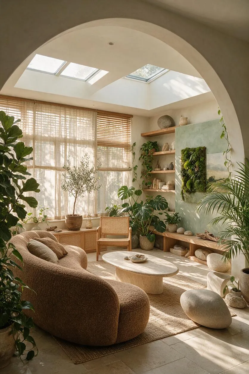 A sunroom with an arched opening, skylights, and sheer woven window shades. The space includes a curved bouclé sofa, a cane armchair, a low oval stone coffee table, abundant potted plants, wood shelving, and a moss wall feature in soft beige and green tones.