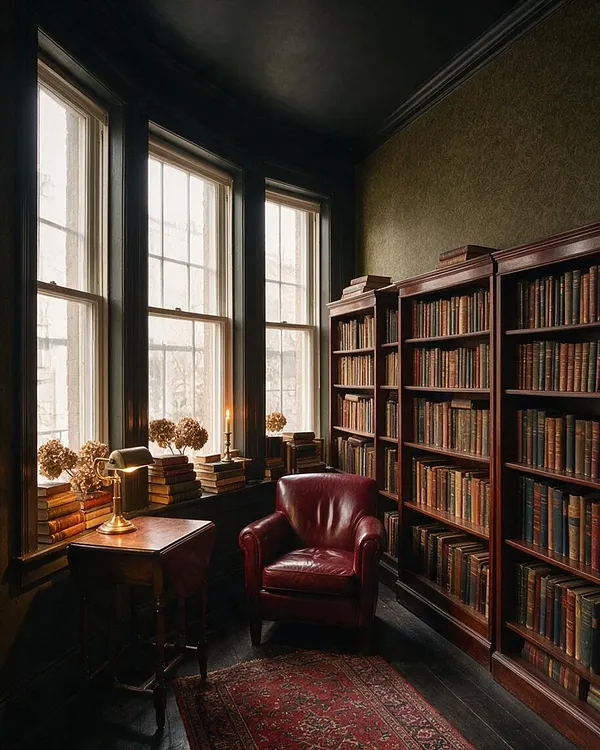 A narrow sunroom styled as a cozy dark academia library, with tall black-trimmed windows on the left, built-in wooden bookshelves packed with old books on the right, and a red leather armchair centered near the back. A small wooden desk with a brass lamp, stacks of books, dried flowers, and a candle sit by the windows, while a patterned red rug and dark wood floors add warmth.