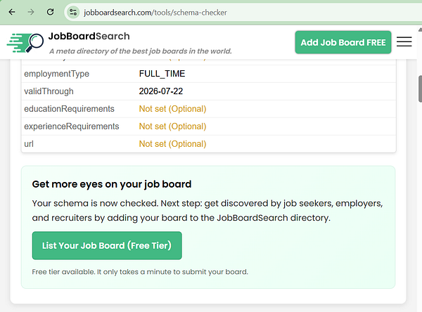 Screenshot of job board search results page showing job listings and a requested banner placeholder area.