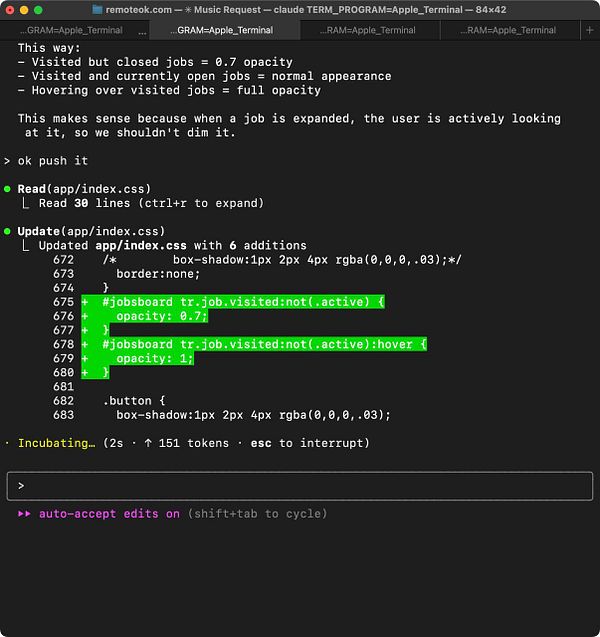 The image displays a terminal interface showing code updates for a job posting feature.