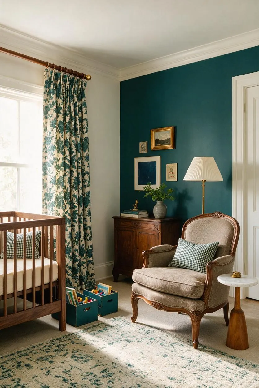 A kids' room with a wooden crib beside a window dressed in floral curtains. The room features a deep teal accent wall with framed art, a vintage-style armchair, a wood cabinet, and toy storage boxes on a neutral rug.