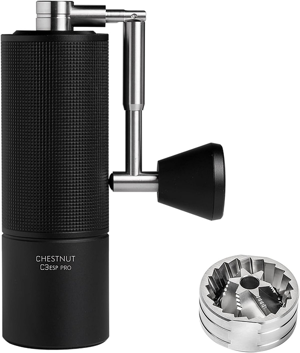 A manual coffee grinder with a sleek design and a metal grinding mechanism is displayed alongside a metal grinding burr.