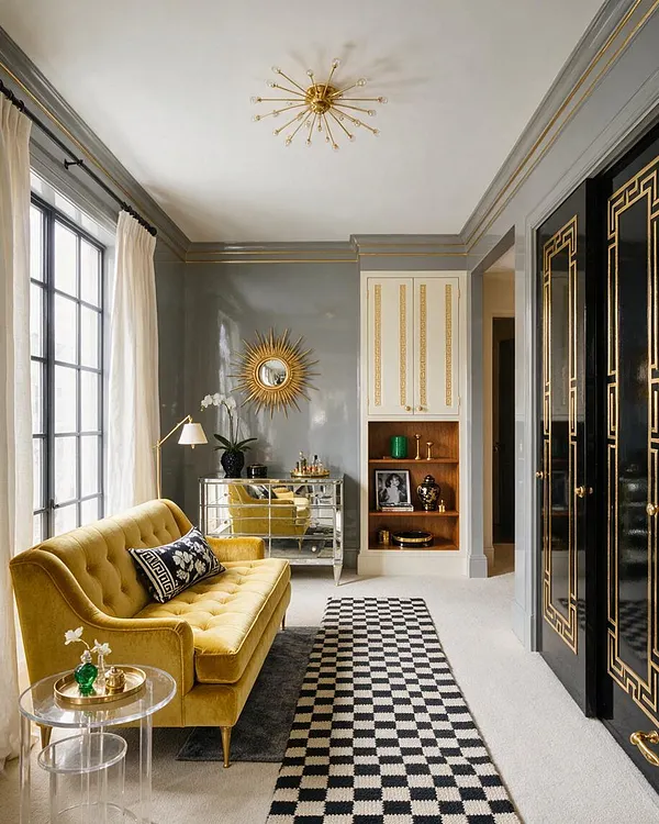 A Hollywood Regency guest bedroom with a mustard velvet sofa, glossy gray walls, and black built-in cabinetry outlined in gold trim. The room features a sunburst mirror, mirrored chest, checkered runner, and a starburst ceiling light, creating a glamorous, layered look.