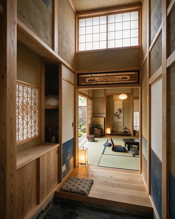 A narrow Japanese Zen entryway with natural wood framing, textured earth-toned walls, and a shoji-style window glowing with soft daylight. The view leads into a tatami room with low seating, a hanging paper lantern, and a calm, minimal arrangement of traditional decor.