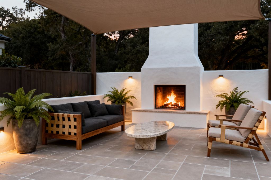 A transitional outdoor patio features a white stucco fireplace burning brightly with a built-in bench and taupe porcelain pavers under a taupe shade sail. Furnishings include a teak sofa with beige woven webbing and charcoal cushions, two matching armchairs with light cushions, and an oval travertine coffee table, accented by black wall sconces, concrete planters with ferns, a dark wood privacy fence, and surrounding trees at dusk.