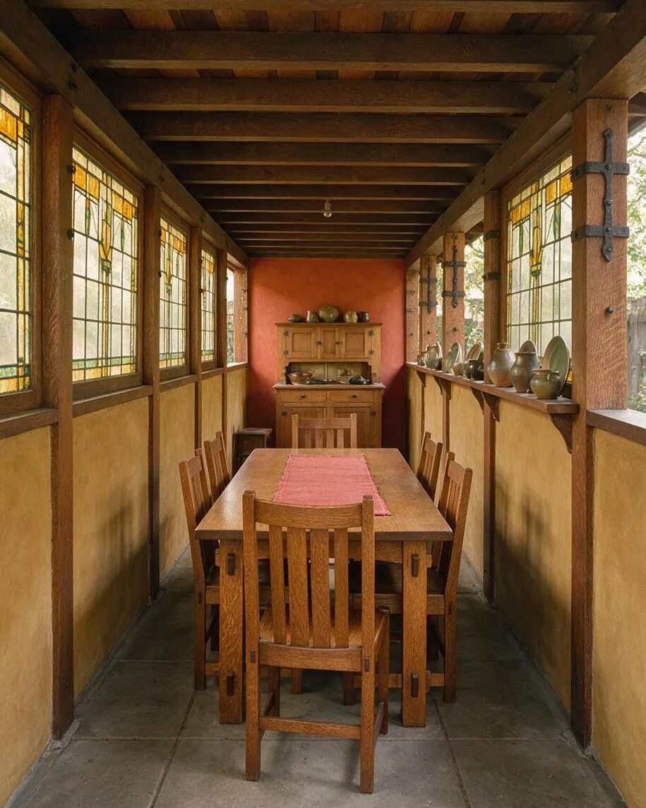 A narrow covered backyard dining porch with a long wooden table and matching slatted chairs centered on a stone floor. Stained glass windows line both sides, and warm wood beams, tan stucco walls, and pottery on built-in ledges create a handcrafted Craftsman look.