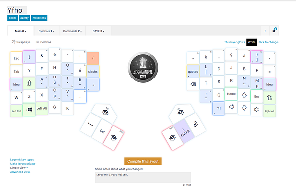 A conceptual keyboard layout designed for French, English, and coding, featuring unique key placements including Ctrl, W, X, C, V, and Z clustered at the bottom left and Shift key only on the left side.