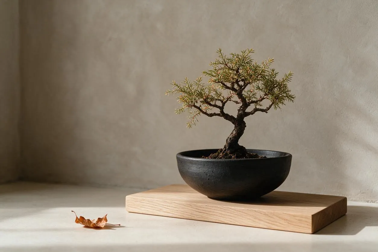 A small bonsai tree with delicate green foliage sits in a matte black ceramic bowl on a light oak wood block. The arrangement rests on a pale surface against a warm beige textured wall, with soft natural light creating a calm Japandi-inspired atmosphere.