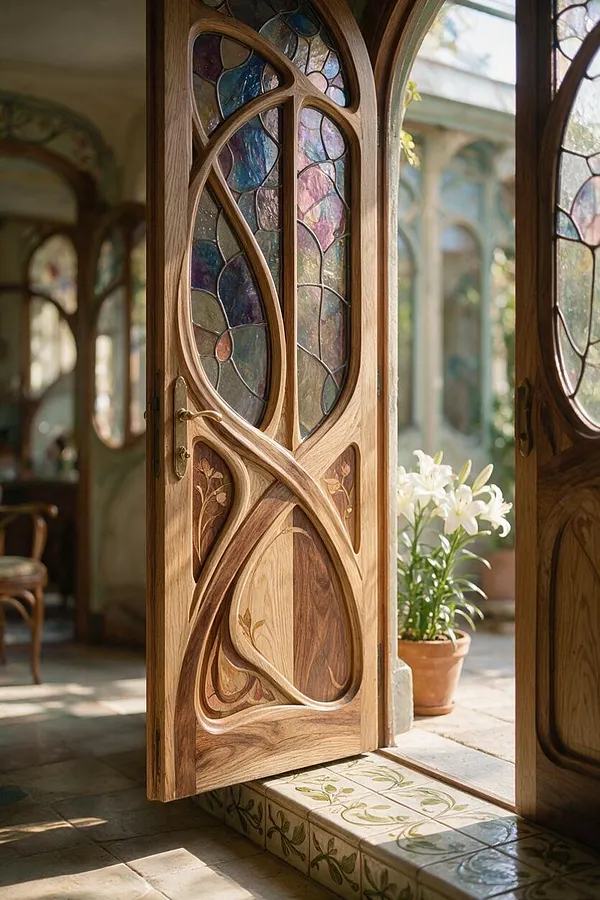 An Art Nouveau-style exterior entryway with tall carved wooden doors featuring flowing organic lines and stained-glass panels in jewel tones. The threshold is tiled with floral motifs, and a potted white lily sits just outside in warm natural light.