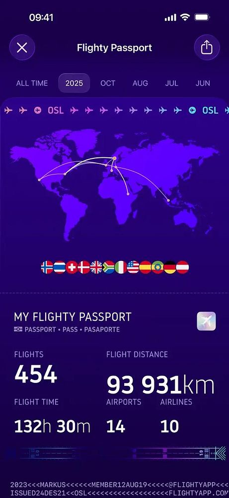 Screenshot of Flighty app's trip summary on an iPhone XR simulator.