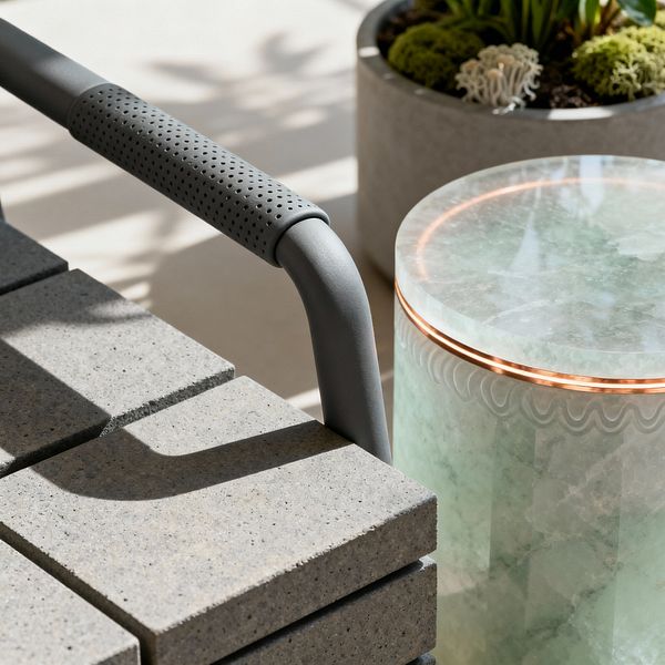 A close-up of a contemporary patio shows a seat made from speckled concrete pavers and a matte gray tubular armrest with a perforated grip beside a cylindrical green onyx side table edged by a slim copper band that emits a subtle LED glow. In the background, a round concrete planter holds moss and small succulents as sunlight casts crisp shadows across a pale floor, highlighting the contrast between cool stone, warm metal, and soft greenery.