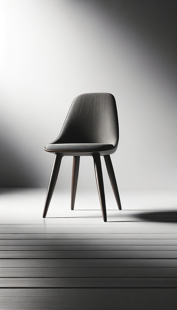 a mid-century modern chair with dark wooden tapered legs placed against a stark white background