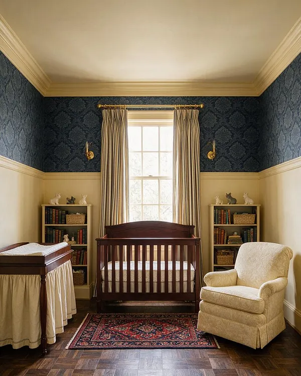 A traditional nursery with dark navy damask wallpaper above cream wainscoting, a dark wood crib centered under a bright window with striped drapes, and matching bookcases on each side. A cream upholstered rocking chair, a vintage-style rug, and a wood-framed bassinet create a refined, classic atmosphere.