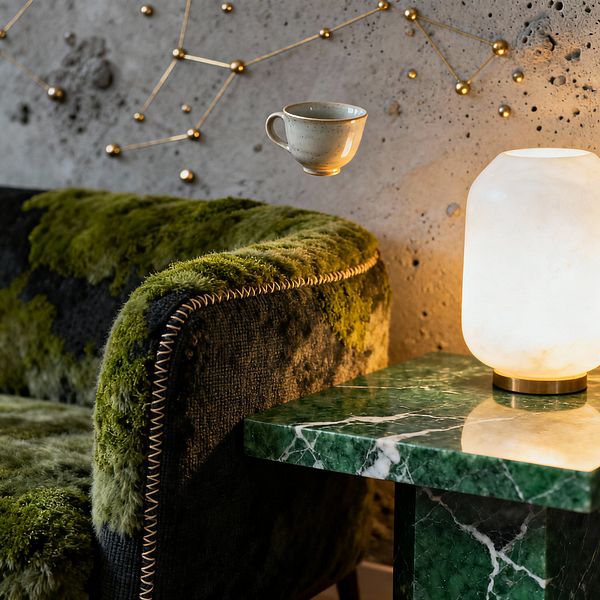 Close-up of a surreal living room corner with a sofa upholstered in moss-like green and charcoal fabric finished with zigzag stitching, set against a pitted concrete wall accented by a brass constellation sculpture. A small ceramic teacup appears to float near a polished green marble pedestal table topped by a softly glowing alabaster-style lamp on a brass base, casting warm light across the contrasting textures.