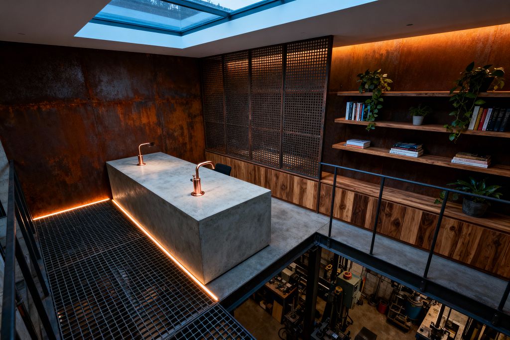 An upper-level industrial home office features a large concrete desk with two copper task lamps set on a steel grating floor edged with warm LED lighting. Rusted corten-steel wall panels, perforated metal screens, and open hardwood shelves with books and potted plants surround the space. A wide skylight brings in daylight, black steel railings line the mezzanine, and the office overlooks a workshop below.