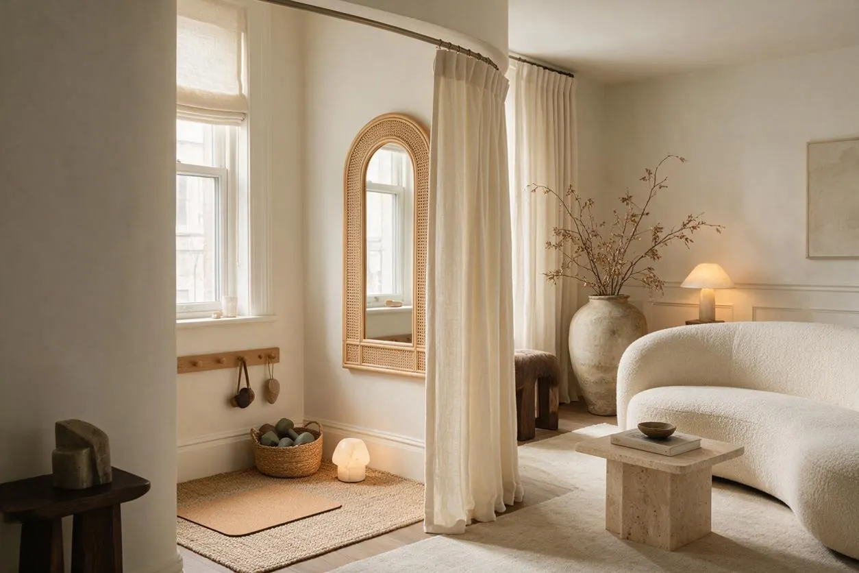 A calm home gym styled in organic modern design with a woven rug, yoga mat, basket of weights, and soft cream curtains dividing the room. A rattan-framed mirror, stone accents, and a sculptural lamp and table create a warm, spa-like atmosphere.