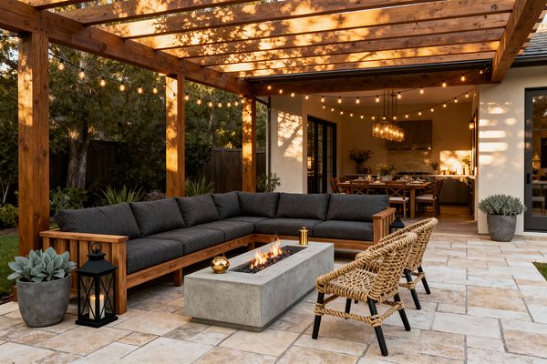 An outdoor patio in transitional style features a warm wood pergola draped with globe string lights above an L-shaped wood-framed sectional with charcoal cushions. A low rectangular concrete fire pit sits at the center, with two woven rope lounge chairs on one side. The floor is beige and cream travertine pavers. Concrete planters with succulents and a black lantern accent the seating area, while black-framed doors open to a softly lit dining space beyond.