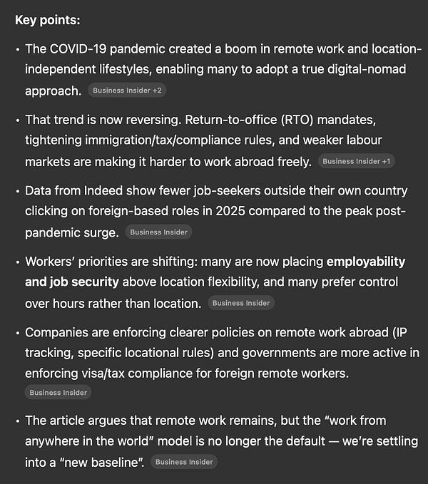 The image presents key points from an article discussing the decline of the digital nomad lifestyle post-pandemic.