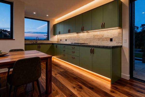 A modern kitchen with matte olive green cabinets running along one wall, topped by a dark stone countertop and a light travertine subway-tile backsplash. Warm LED strips illuminate beneath the wall cabinets and at the toe-kick, with cove lighting above. A gas cooktop sits centrally, a black faucet and sink are placed under a large picture window, and walnut plank flooring and a simple wood dining table complete the space.