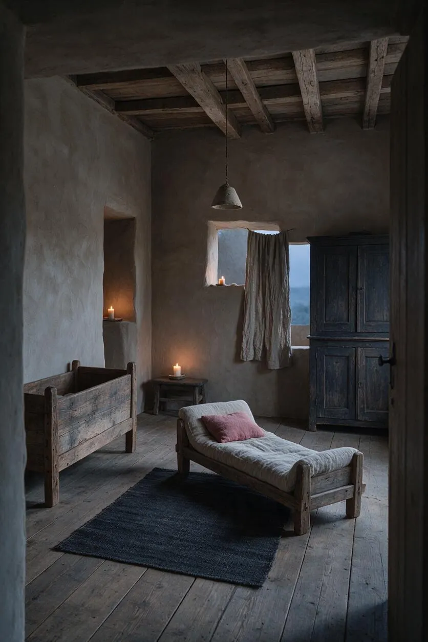 A dim, rustic nursery with plaster walls, exposed ceiling beams, a weathered wooden cradle, a small cushioned daybed, and a dark woven rug. Candles glow in recessed wall niches and on a small table, while a tall distressed cabinet and a draped window soften the space.