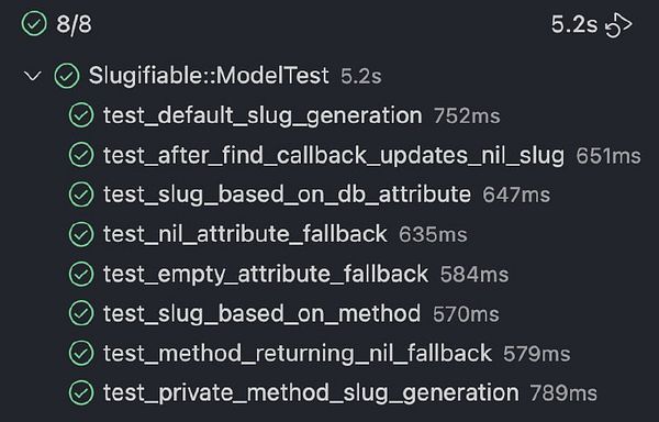 The image displays the results of a minitest test suite for the Slugifiable gem.