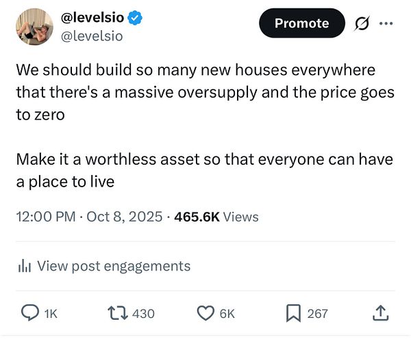A tweet discussing the idea of building an oversupply of houses to reduce prices.