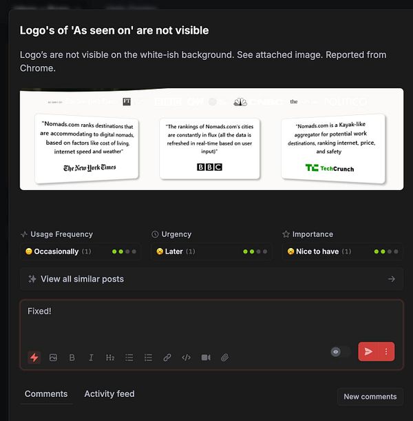 The image displays a task report regarding logo visibility issues on a website.