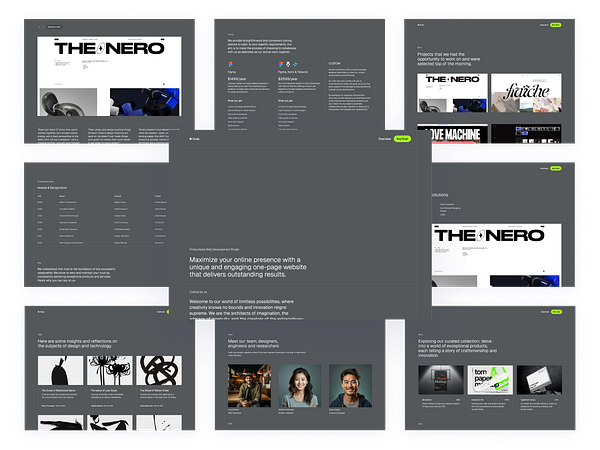 A dark-themed website template showcasing various design elements and features for creative studios.