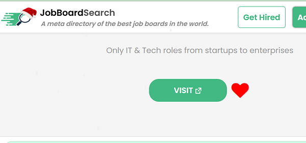 The image displays a webpage for JobBoardSearch, a directory for job boards focused on IT and tech roles.