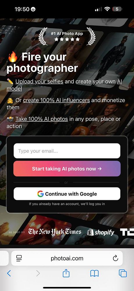 The image displays the landing page of the PhotoAI app on an iOS device, featuring a call to action and various options for users.