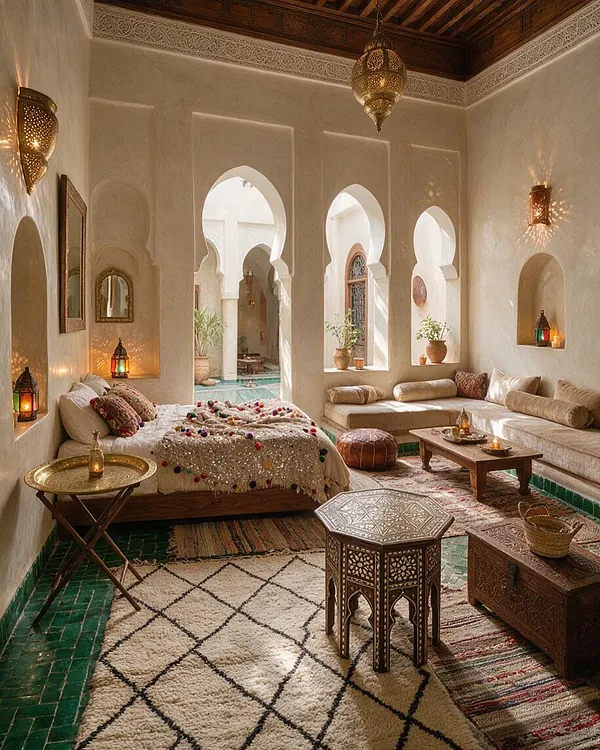 A Moroccan-style master bedroom with cream stucco walls, carved arches, and a dark wood ceiling. The room includes a low bed with embroidered bedding, a built-in upholstered seating area, patterned rugs, brass lanterns, and carved wood tables, with warm sunlight creating a soft glow.