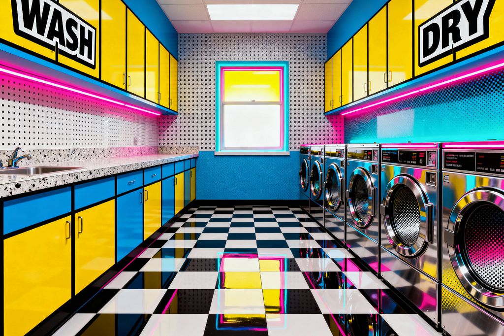 A narrow laundry room in bold Pop Art style features glossy yellow and cyan cabinets with black edging, terrazzo counters, and a stainless sink along the left wall, opposite a row of chrome front-loading machines. Black-and-white checkerboard tiles shine under pink LED under-cabinet lights, dotted wall panels, and a central window framed in neon hues, while oversized WASH and DRY graphics crown the upper cupboards beneath a white drop ceiling.