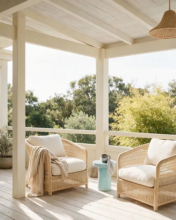 A bright covered porch with white-painted beams, pale wood flooring, and two woven wicker lounge chairs with cream cushions. A small aqua side table and natural-textured decor sit between the chairs, while trees and bamboo fill the view beyond the open railing.