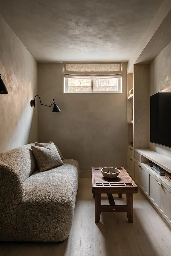 A narrow Japandi-style game room with a textured beige sofa on the left, a small wooden coffee table in the center, and a wall-mounted TV with built-in shelving on the right. Soft neutral walls, pale wood flooring, and black reading sconces create a calm, minimalist atmosphere under natural light from a small high window.
