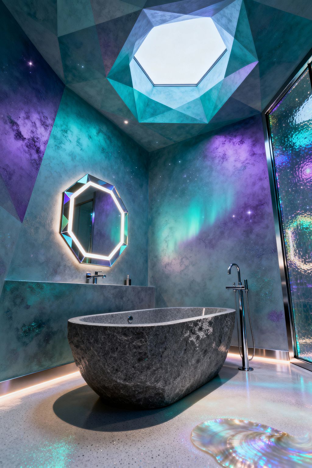 Bathroom featuring a rough-carved gray stone freestanding tub on speckled terrazzo flooring, illuminated by linear LEDs at the baseboards and a polygonal skylight overhead. Walls display teal-to-violet cosmic gradients, an octagonal backlit mirror with iridescent edges, a minimalist concrete vanity, a polished chrome floor-mounted tub filler, and a textured iridescent glass shower panel; a pearlescent shell-like accent glows on the floor.