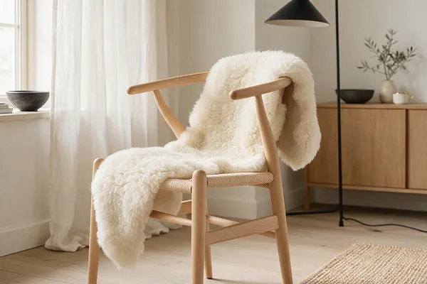 A light oak lounge chair with a woven seat is draped in a plush cream sheepskin throw, set in a calm Scandinavian room. Sheer curtains, pale wood flooring, a black floor lamp, and a simple wood cabinet complete the airy neutral scene.