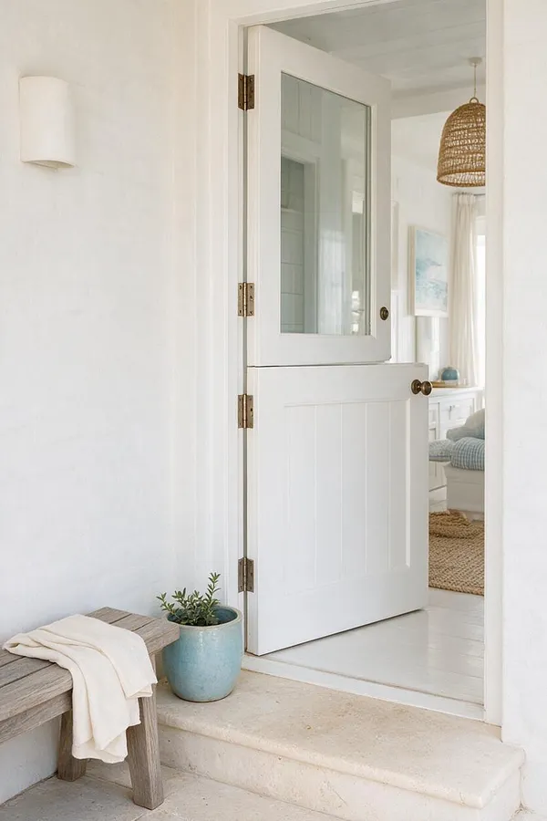 A serene coastal-style exterior entry with a white painted door partly open, brass hardware, and a pale stucco wall. A weathered wood bench with a light throw and a blue ceramic planter add natural texture, while the view inside reveals woven pendant lighting, airy curtains, and soft neutral decor.