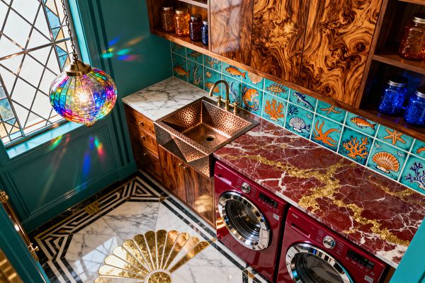 An opulent laundry room with teal paneled walls features a rainbow glass pendant casting prismatic light and a ruby-red front-loading washer and dryer. Burl-wood cabinets frame mixed stone counters—white marble and deep red marble with gold veining—plus a hammered copper sink with a brass faucet before a turquoise sea-life tile backsplash. The floor is white marble bordered in black with a fan-shaped brass inlay medallion.
